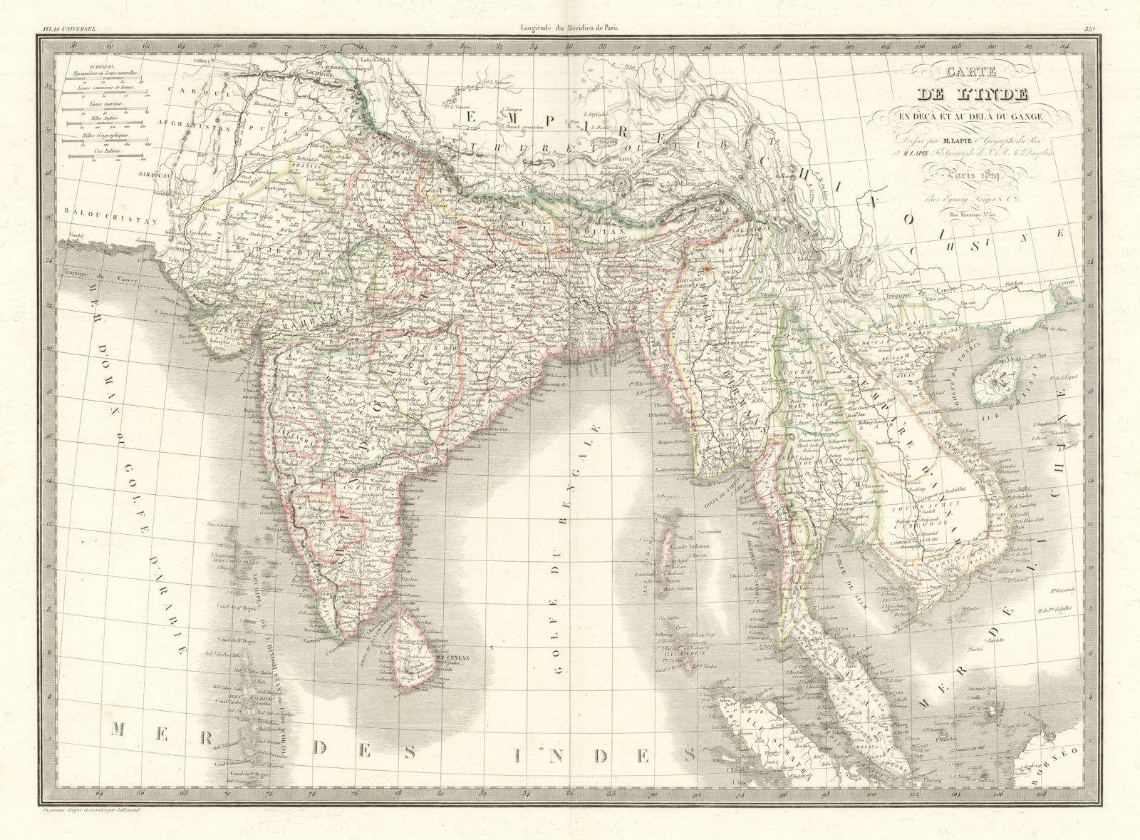 Carte de l'Inde en-deça et au-dela du Gange. India & Indochina. LAPIE 1829 map
