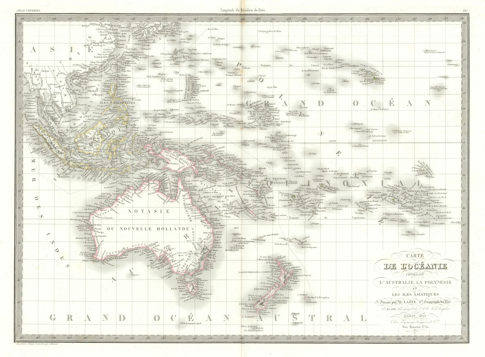 Carte de l'Oceanie… l'Australie, Polynésie… Australia 'Notasie'. LAPIE 1829 map