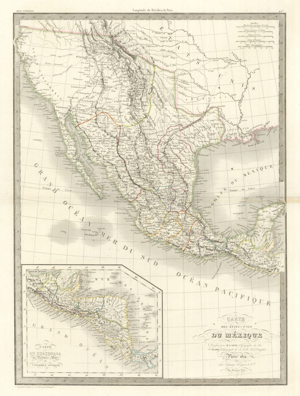 Carte des Etats-Unis du Mexique & Guatemala. Mexico USA Southwest LAPIE 1829 map