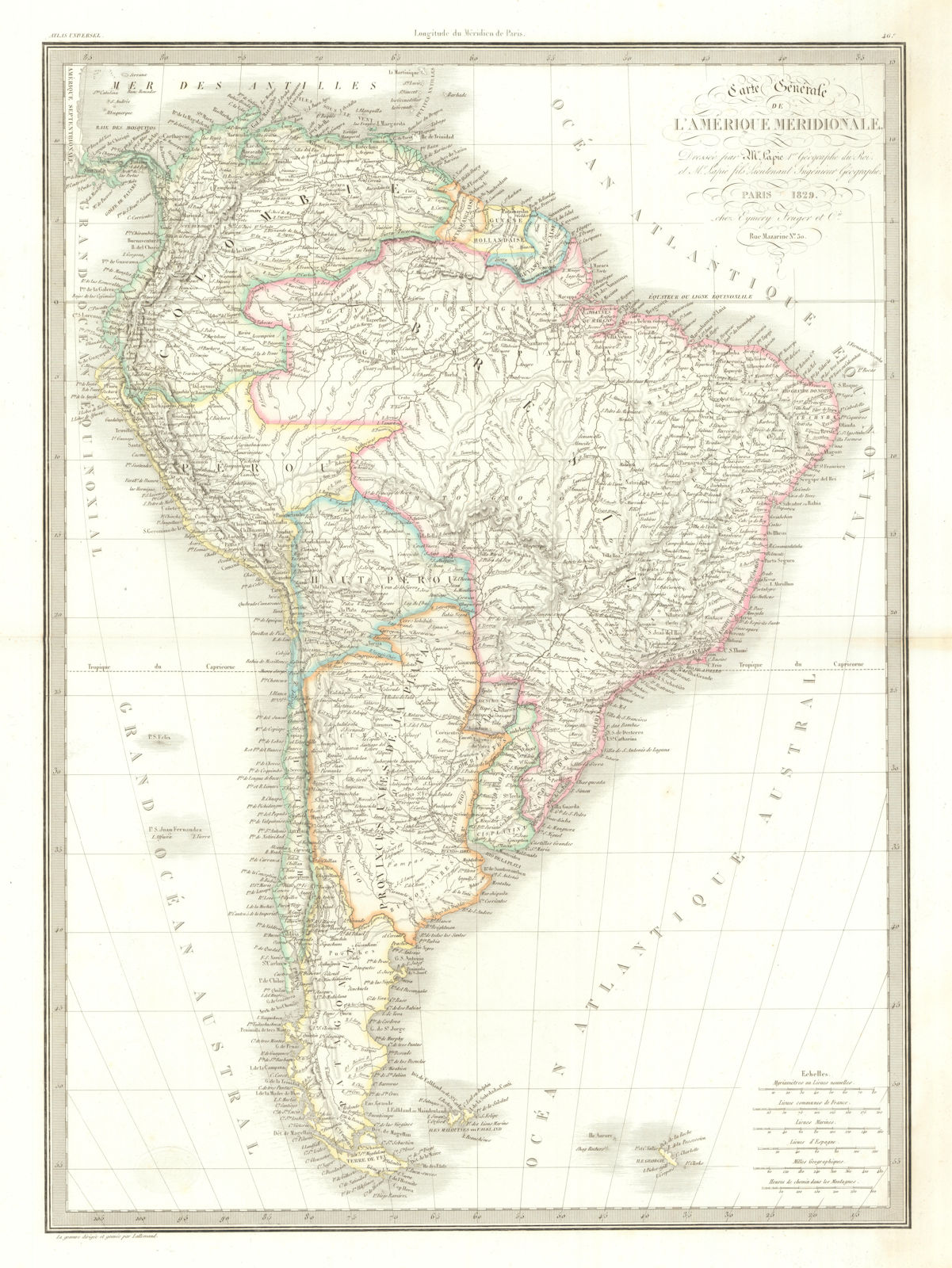 Carte Générale de l'Amerique méridionale. South America. LAPIE 1829 old map
