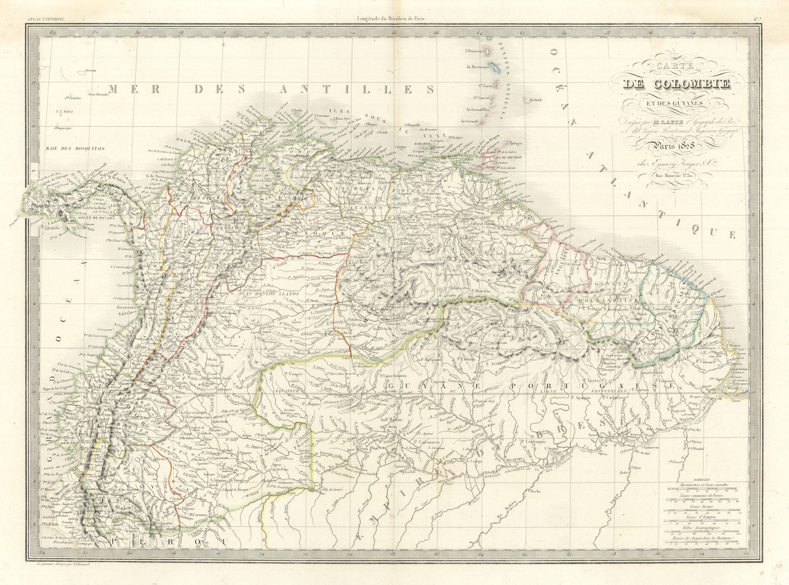Carte de Colombie et des Guyanes. Colombia Venezuela Guianas. LAPIE 1828 map