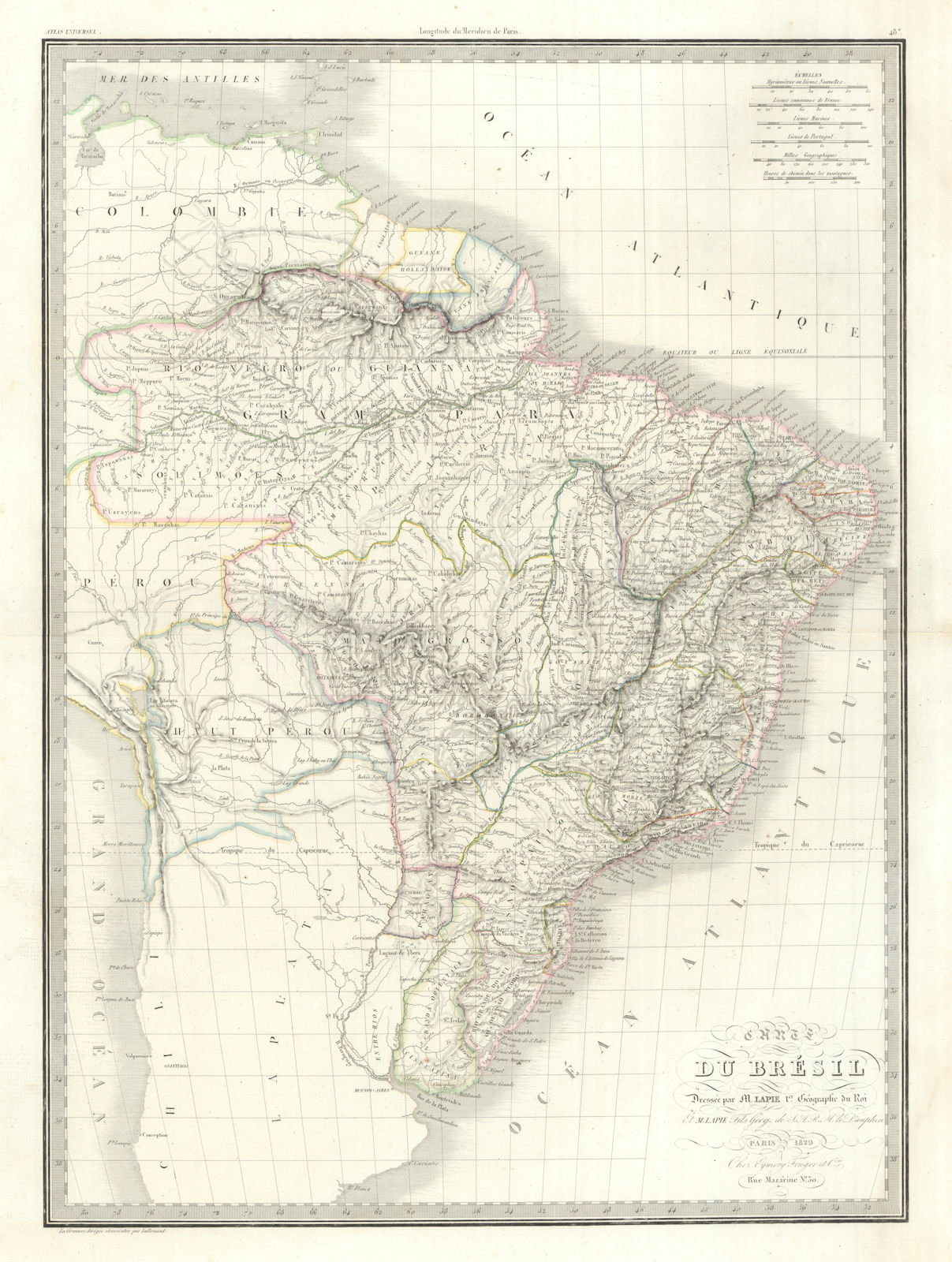 Carte du Brésil. Brazil Bolivia Uruguay Cisplatine Paraguay. LAPIE 1829 map