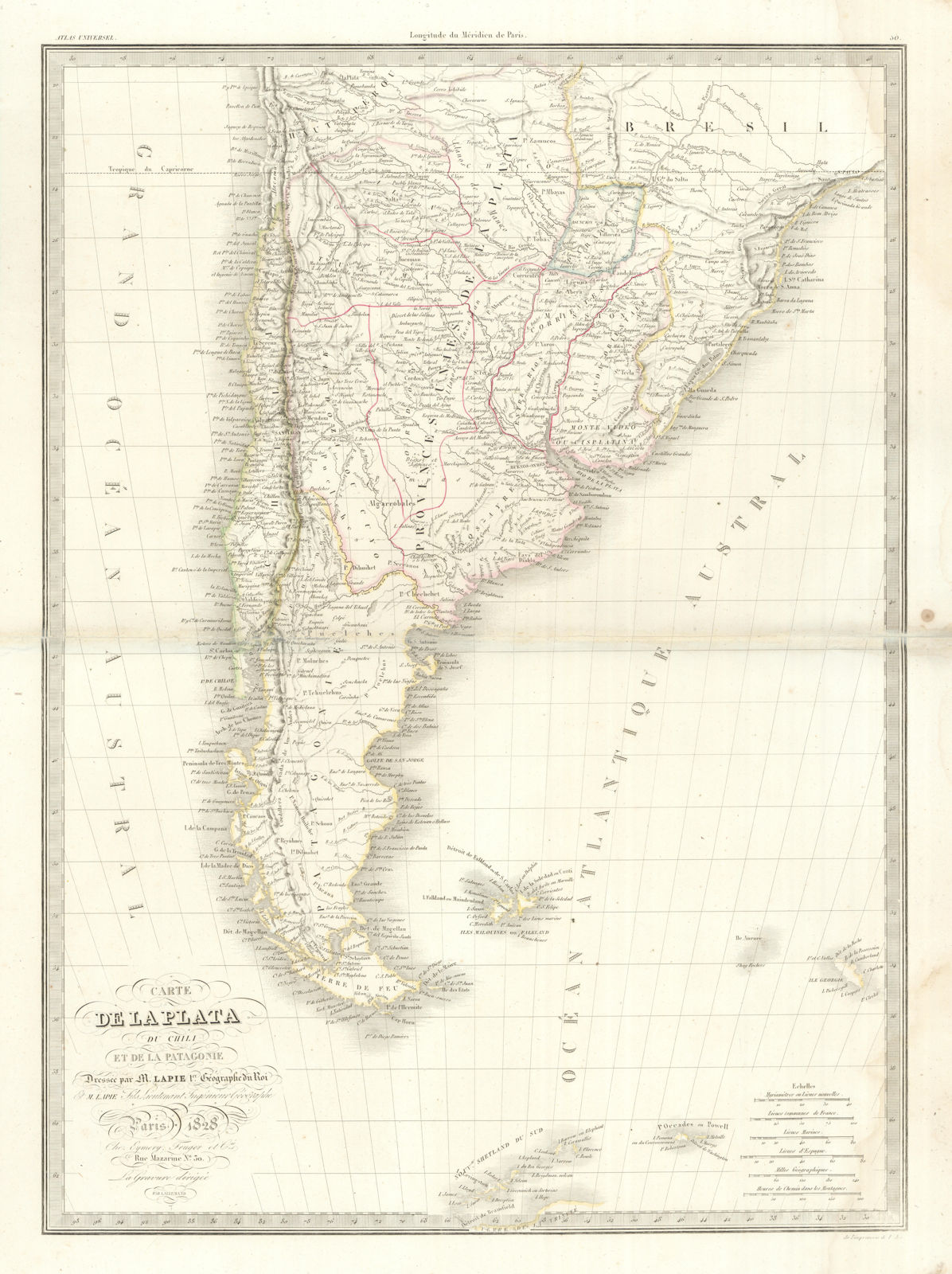 Carte de la Plata, du Chili et de la Patagonie. Argentina Chile. LAPIE 1828 map
