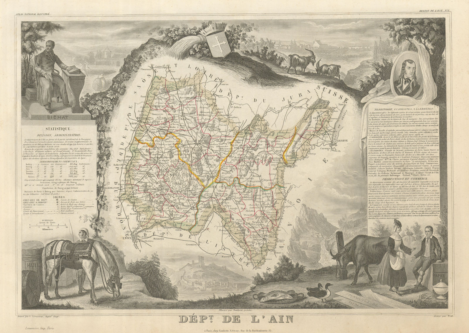 Département de l'AIN. Decorative antique map/carte by Victor LEVASSEUR 1856
