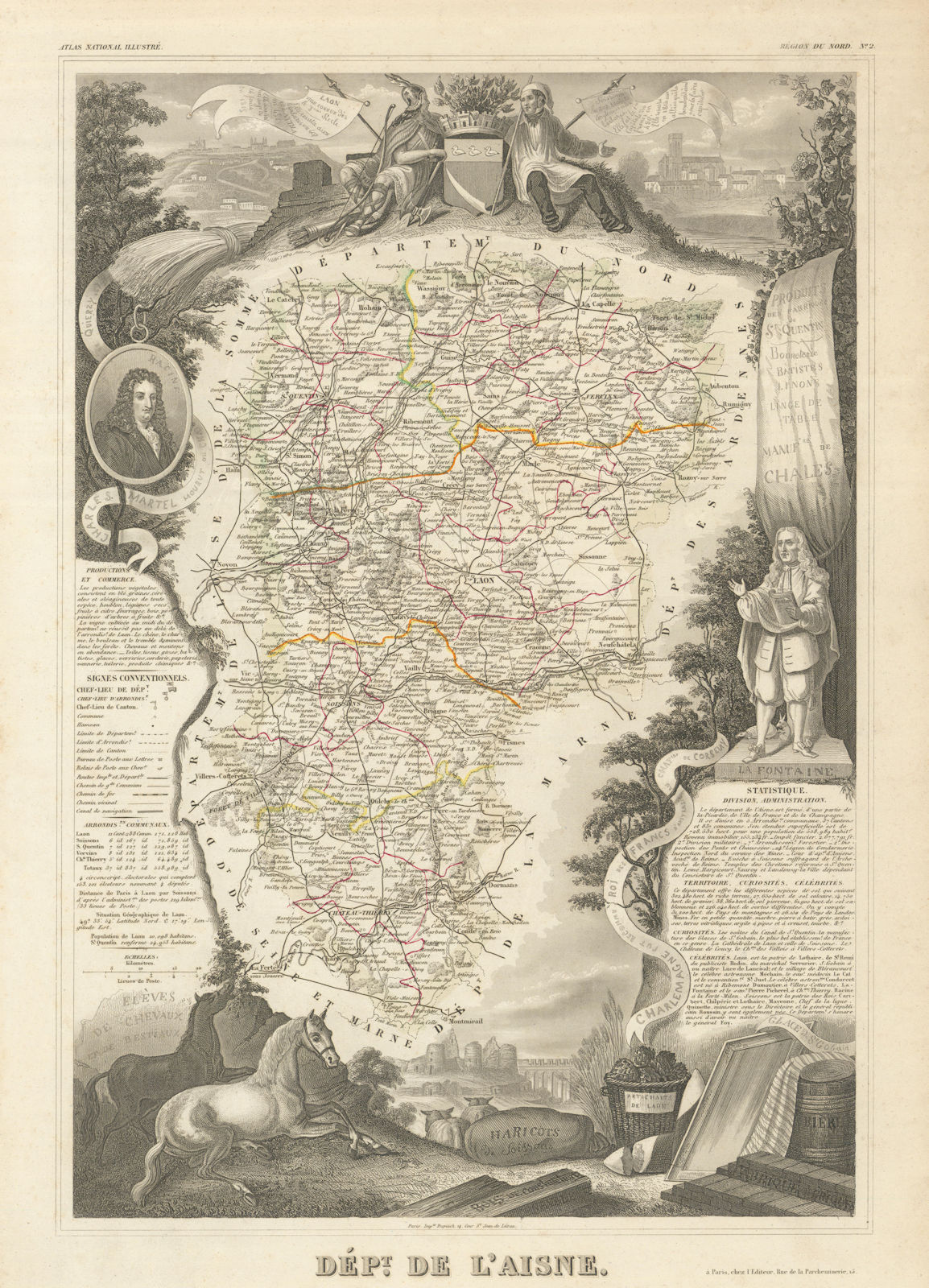 Associate Product Département de l'AISNE. Decorative antique map/carte by Victor LEVASSEUR 1856