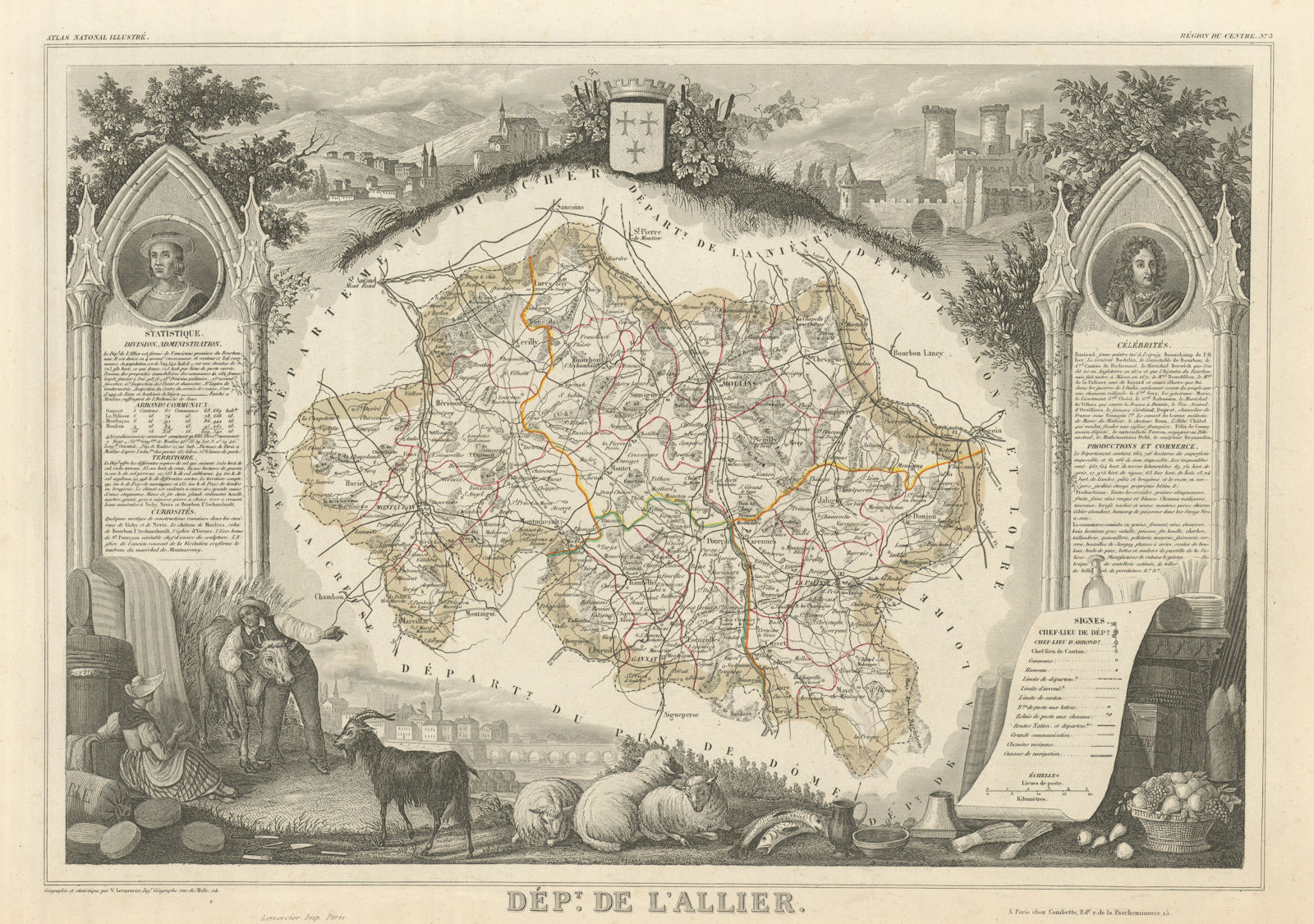 Département de l'ALLIER. Decorative antique map/carte by Victor LEVASSEUR 1856