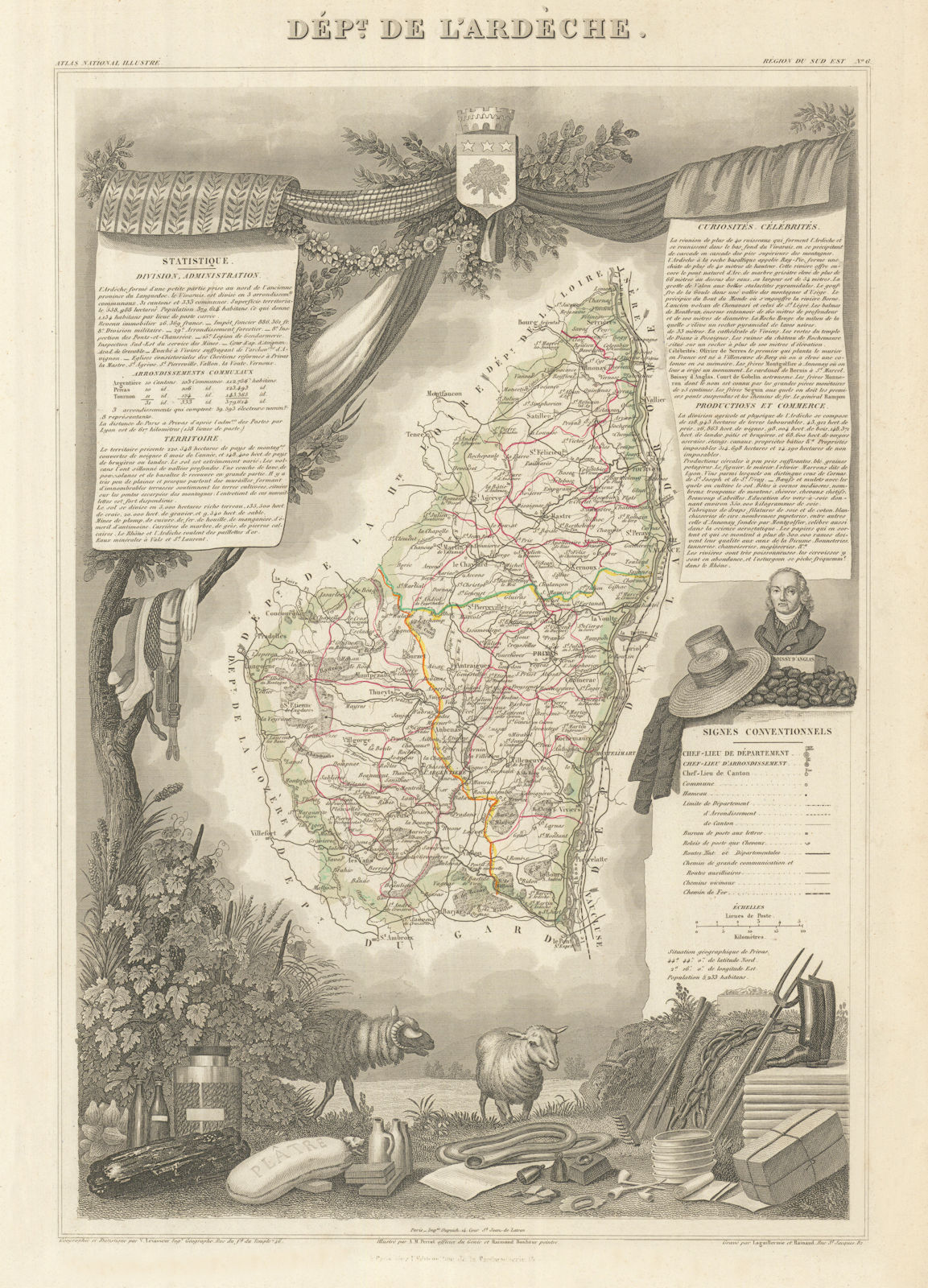 Département de l'ARDÈCHE. Decorative antique map/carte by Victor LEVASSEUR 1856