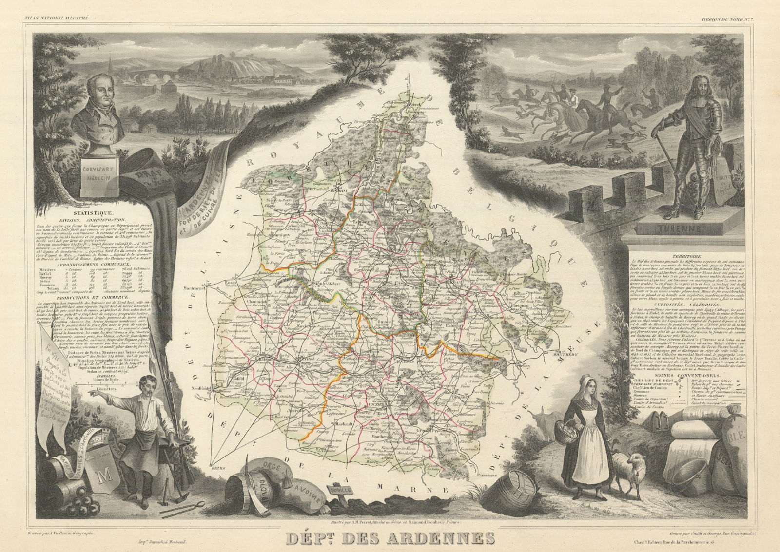 Département des ARDENNES. Decorative antique map/carte by Victor LEVASSEUR 1856