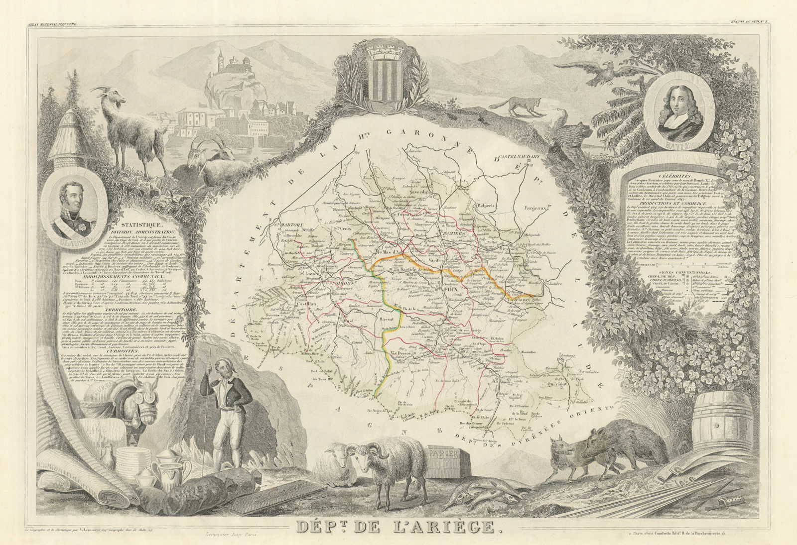 Associate Product Département de l'ARIÈGE. Decorative antique map/carte by Victor LEVASSEUR 1856