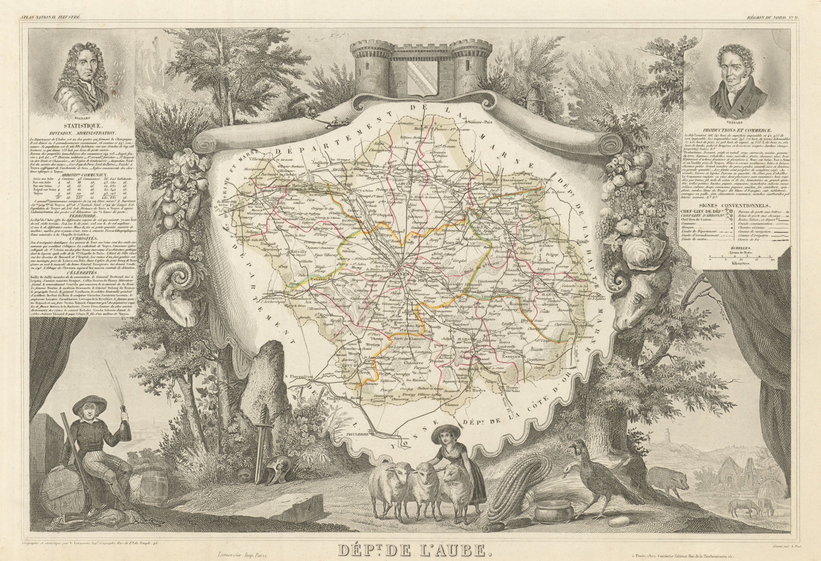 Associate Product Département de l'AUBE. Decorative antique map/carte by Victor LEVASSEUR 1856