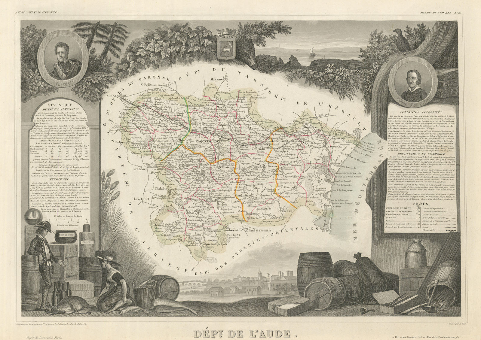 Associate Product Département de l'AUDE. Decorative antique map/carte by Victor LEVASSEUR 1856