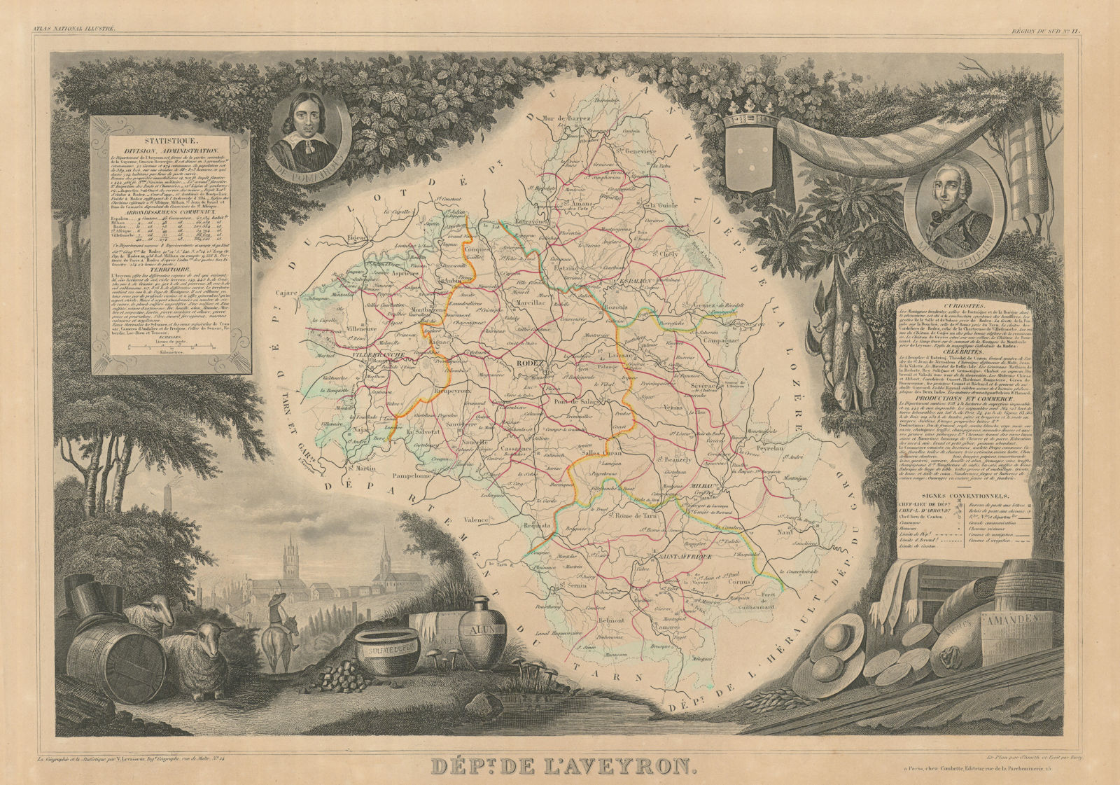 Associate Product Département de l'AVEYRON. Decorative antique map/carte by Victor LEVASSEUR 1856