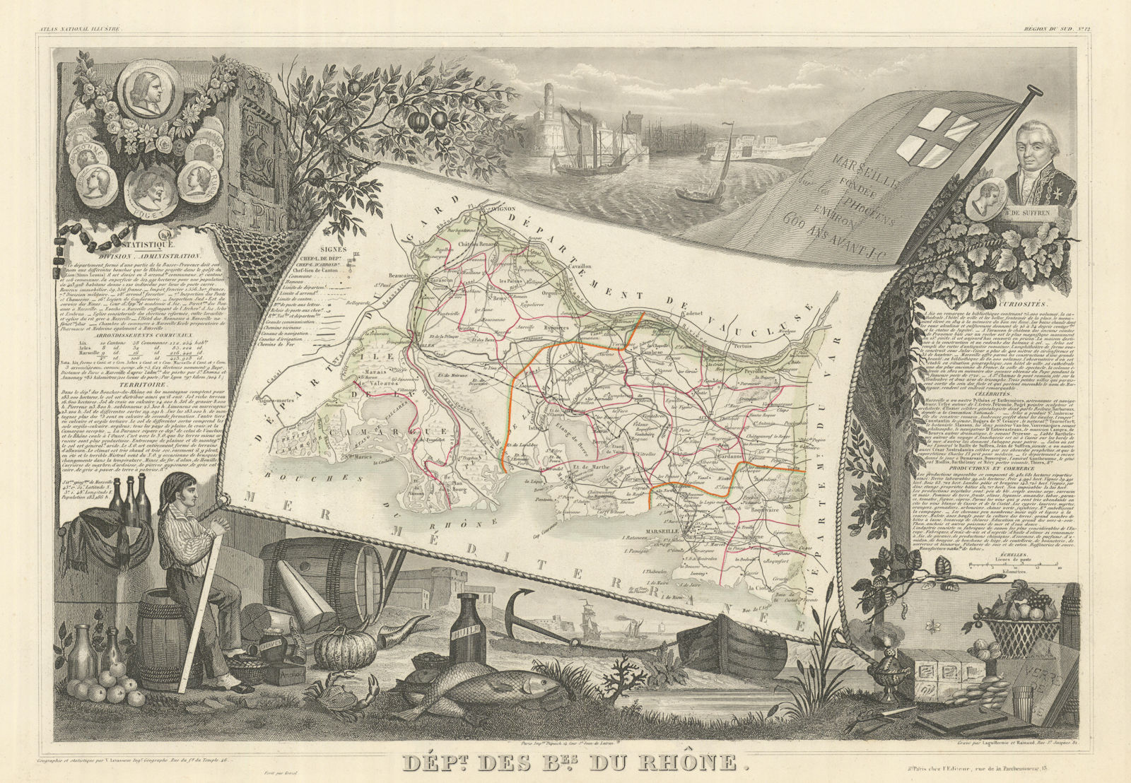 Associate Product Département des BOUCHES-DU-RHÔNE. Decorative antique map/carte. LEVASSEUR 1856