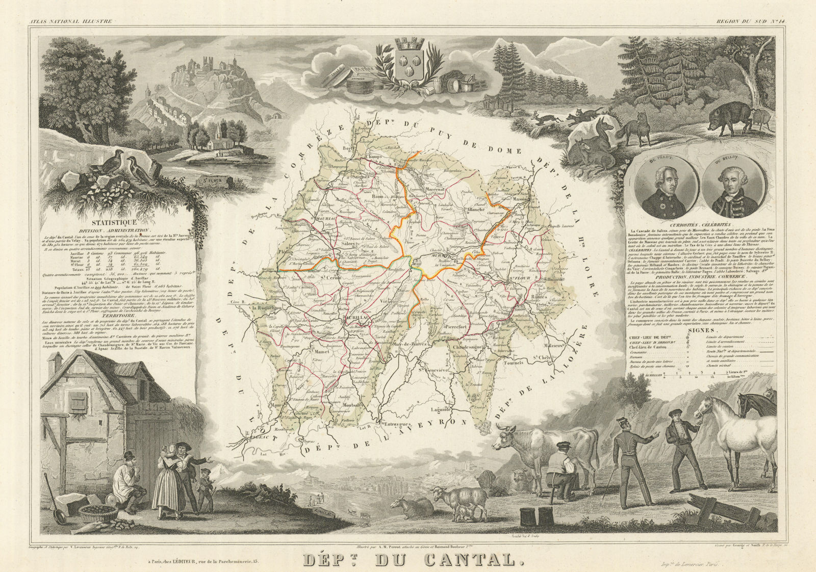 Associate Product Département du CANTAL. Decorative antique map/carte by Victor LEVASSEUR 1856