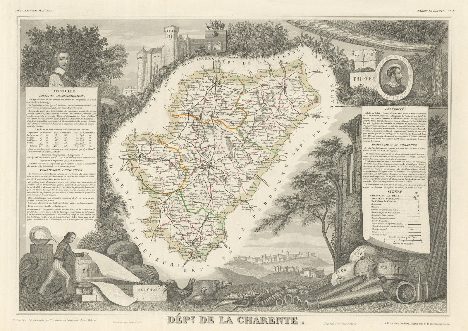Associate Product Département de la CHARENTE. Decorative antique map/carte. LEVASSEUR 1856