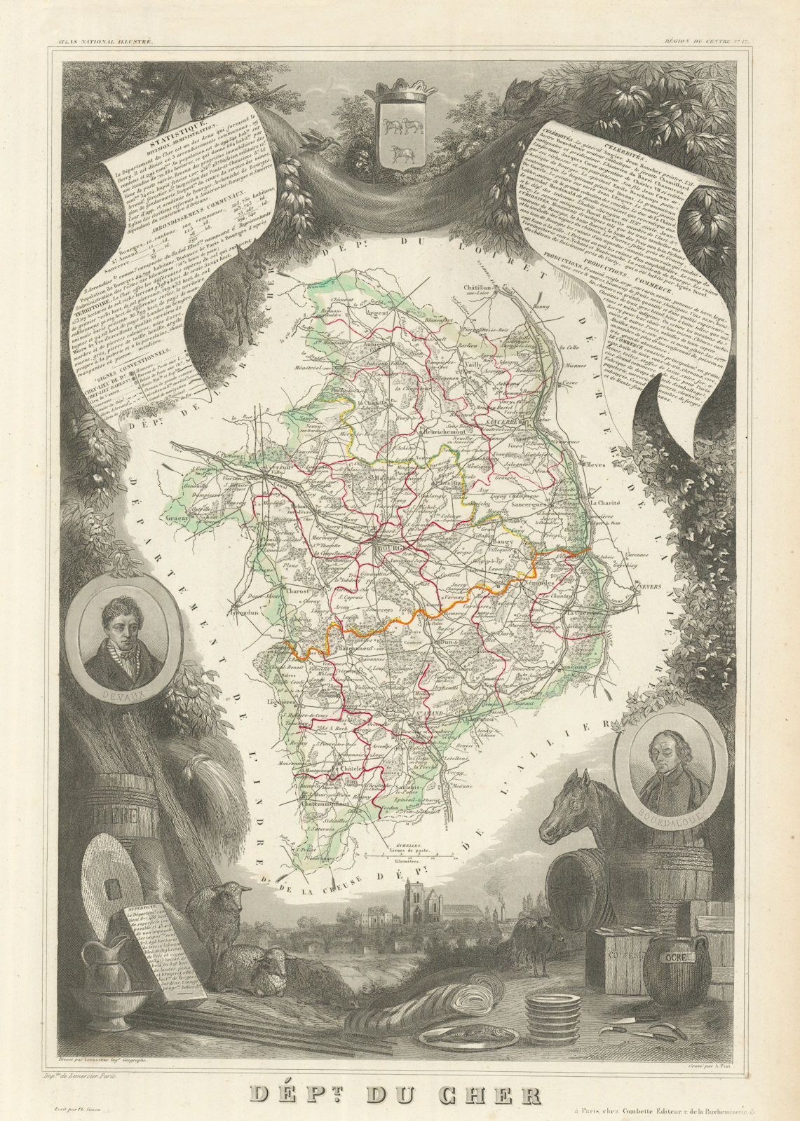 Département du CHER. Decorative antique map/carte by Victor LEVASSEUR 1856