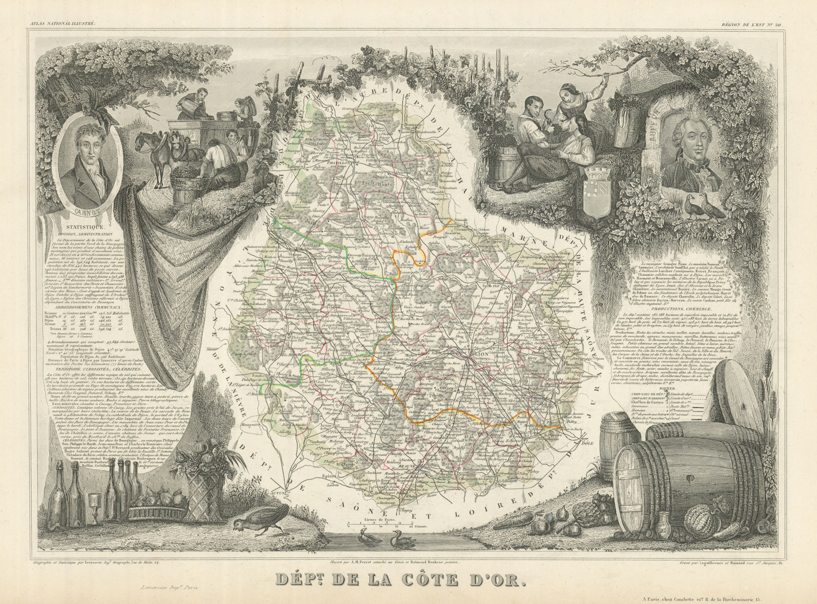 Département de la CÔTE-D'OR. Decorative antique map/carte. LEVASSEUR 1856