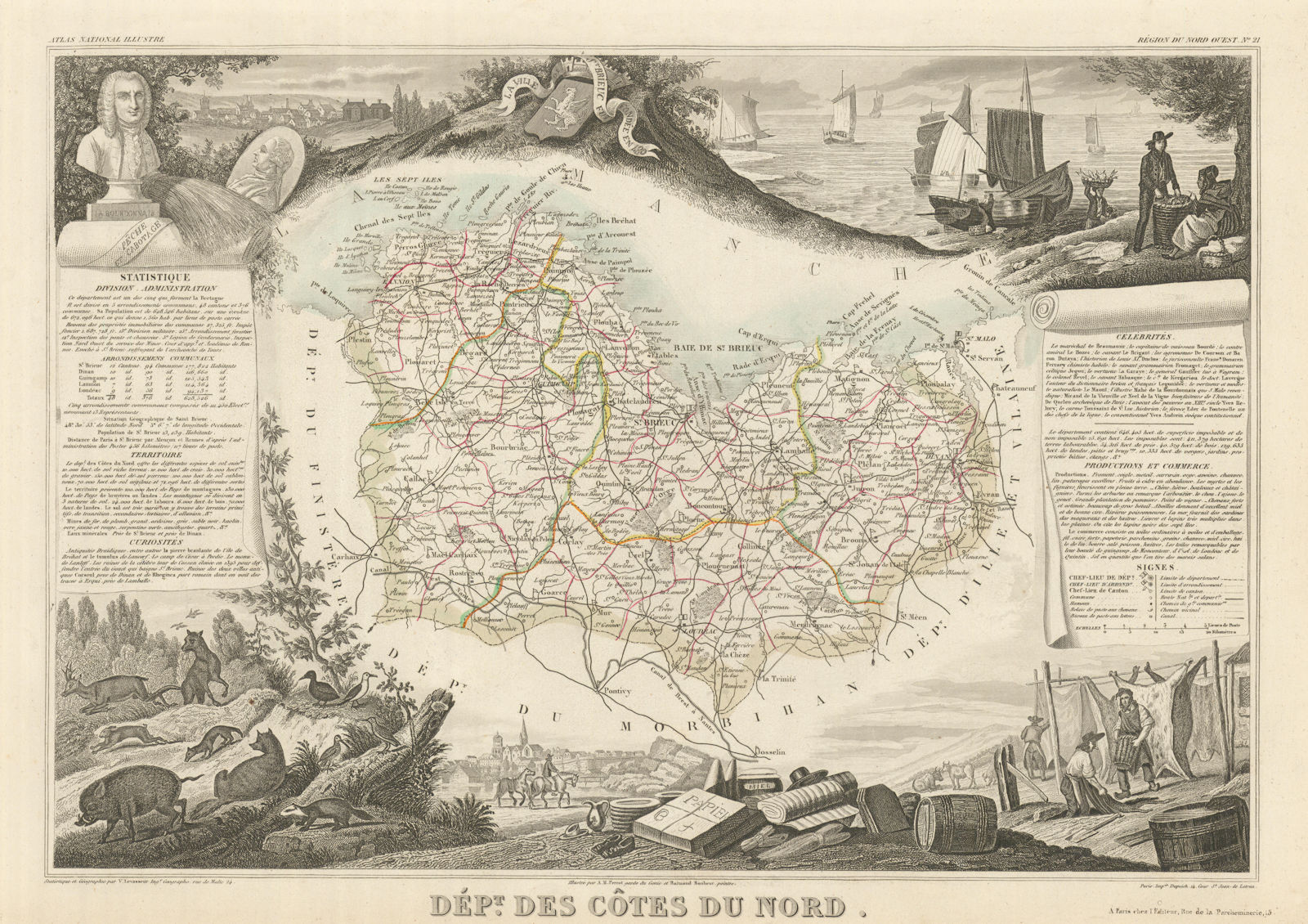 Département des CÔTES-DU-NORD. Côtes-d'Armor. Antique map/carte. LEVASSEUR 1856