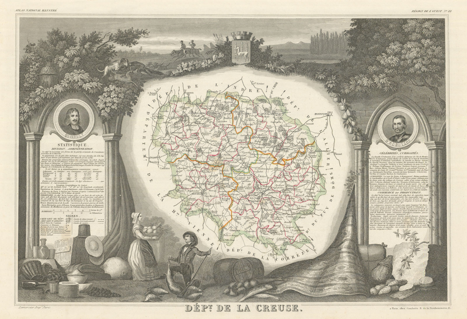 Associate Product Département de la CREUSE. Decorative antique map/carte by Victor LEVASSEUR 1856