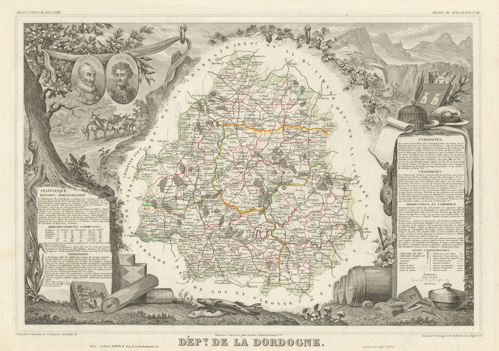 Département de la DORDOGNE. Decorative antique map/carte. LEVASSEUR 1856