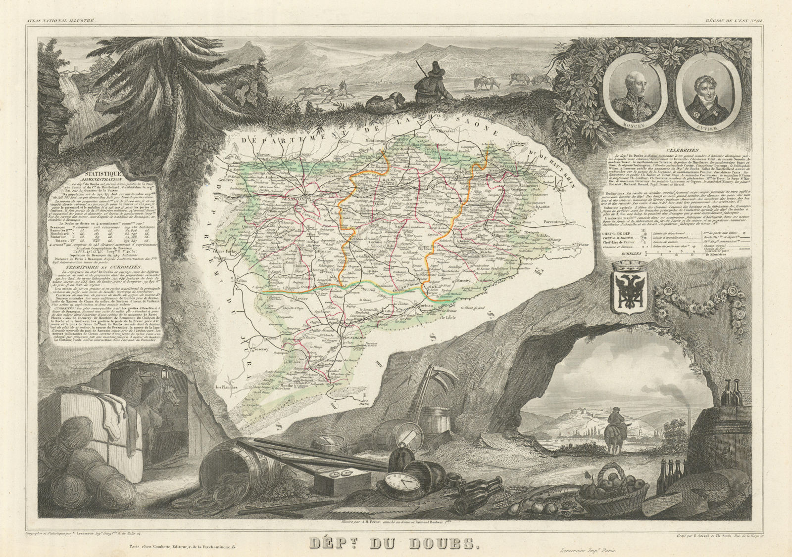 Associate Product Département du DOUBS. Decorative antique map/carte by Victor LEVASSEUR 1856