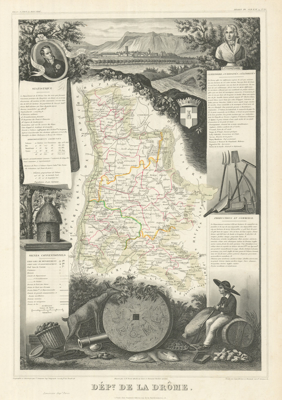 Département de la DRÔME. Decorative antique map/carte by Victor LEVASSEUR 1856