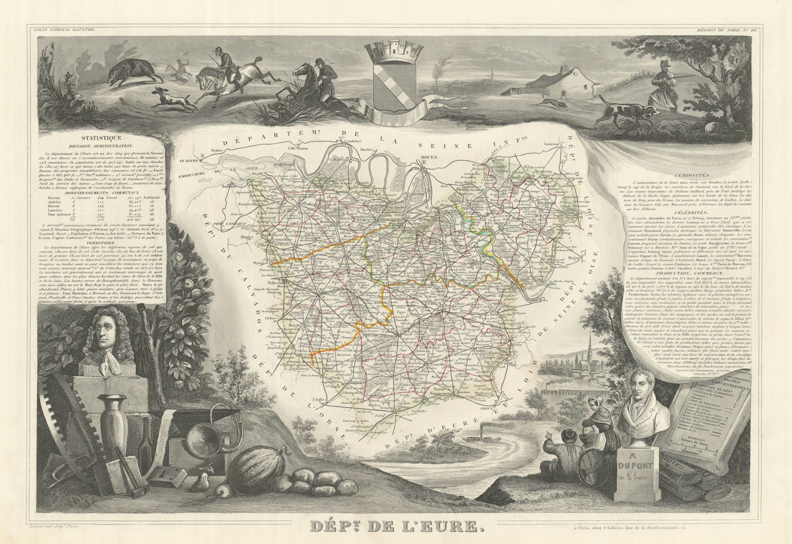 Département de l'EURE. Decorative antique map/carte by Victor LEVASSEUR 1856