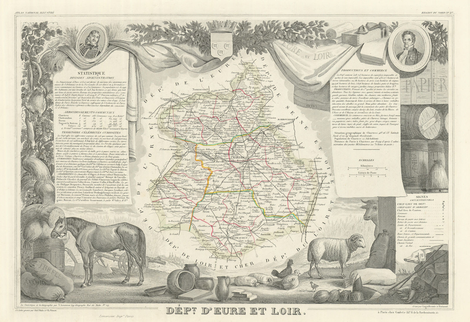 Département d'EURE-ET-LOIR. Decorative antique map/carte. LEVASSEUR 1856