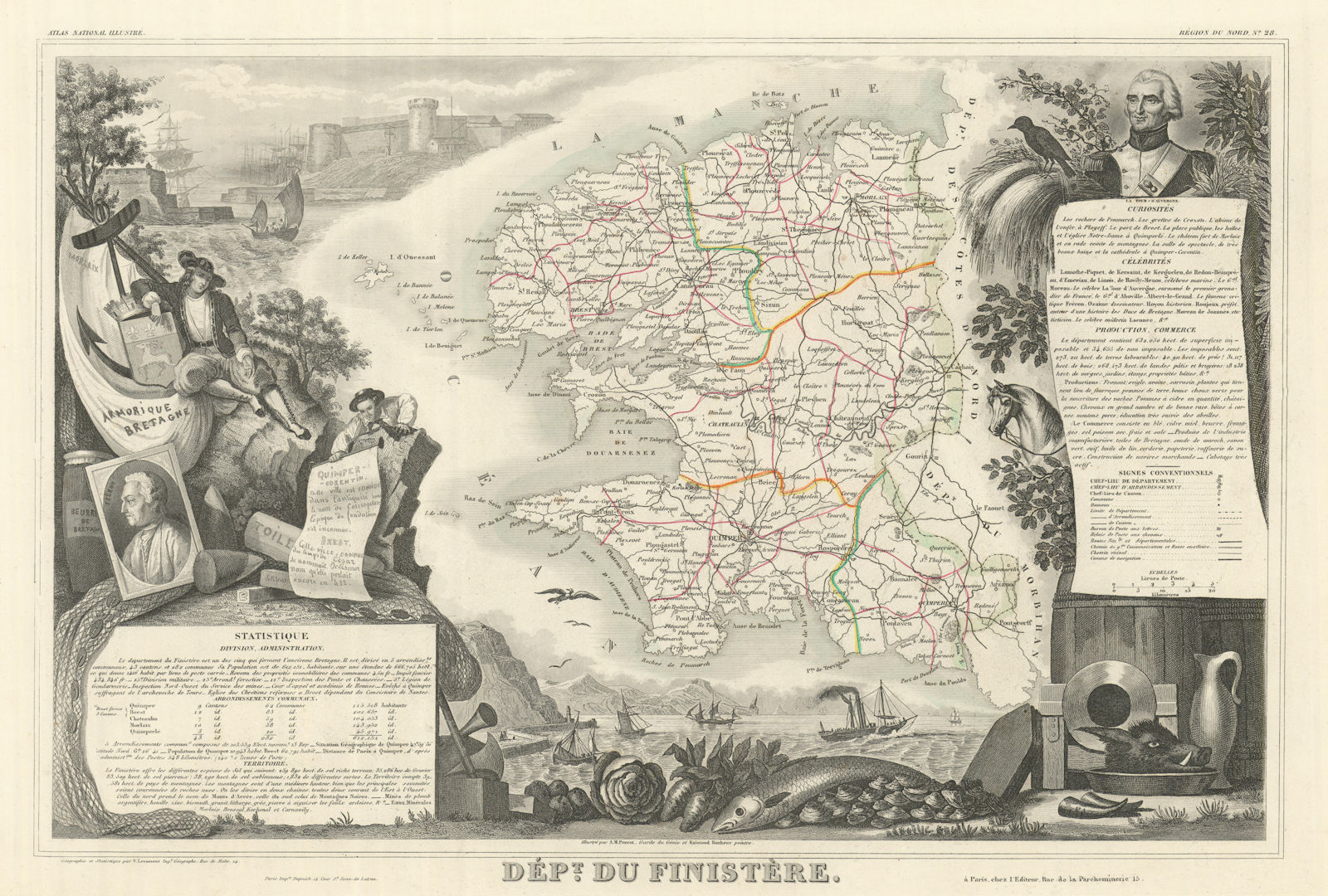 Département du FINISTÈRE. Decorative antique map/carte by Victor LEVASSEUR 1856