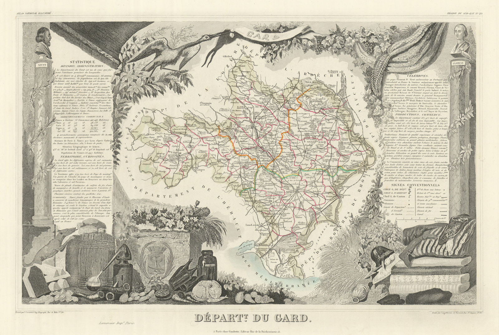 Département du GARD. Decorative antique map/carte by Victor LEVASSEUR 1856
