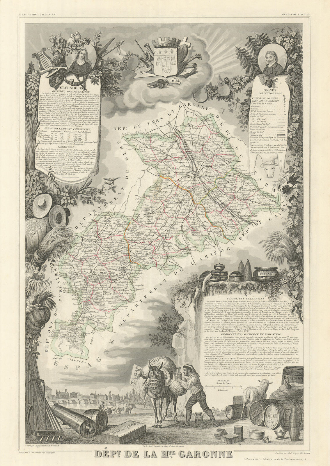 Associate Product Département de la HAUTE-GARONNE. Decorative antique map/carte. LEVASSEUR 1856