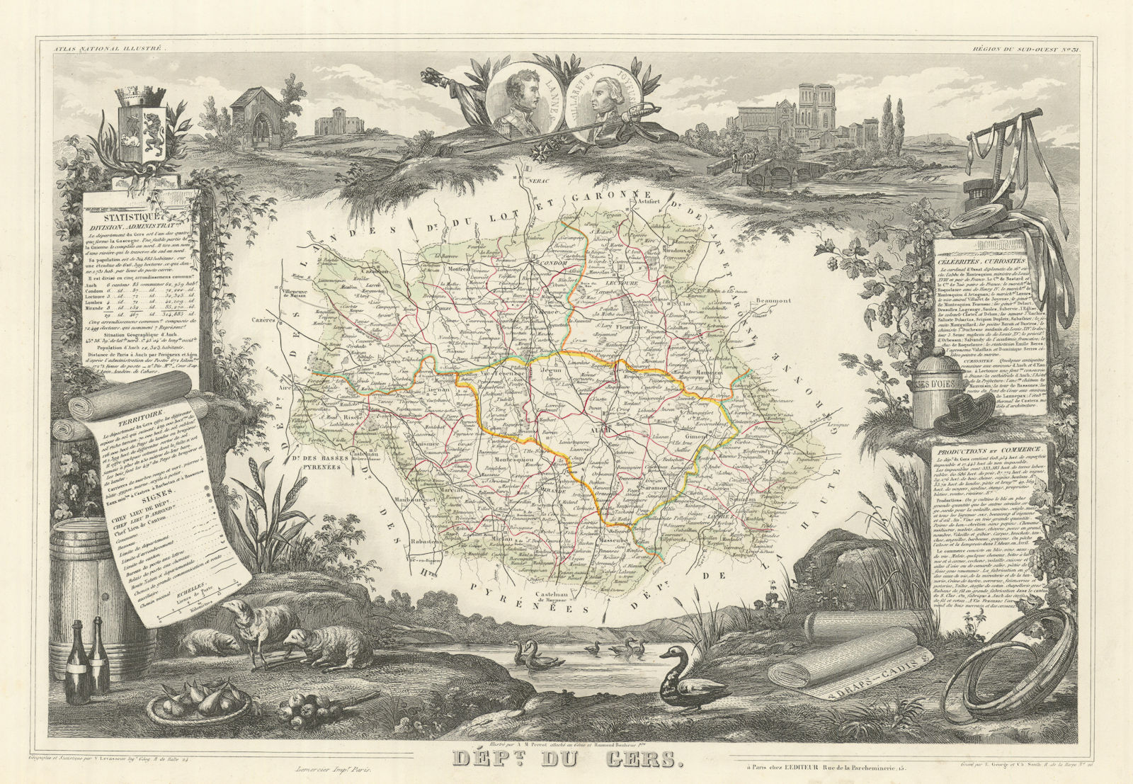 Département du GERS. Decorative antique map/carte by Victor LEVASSEUR 1856