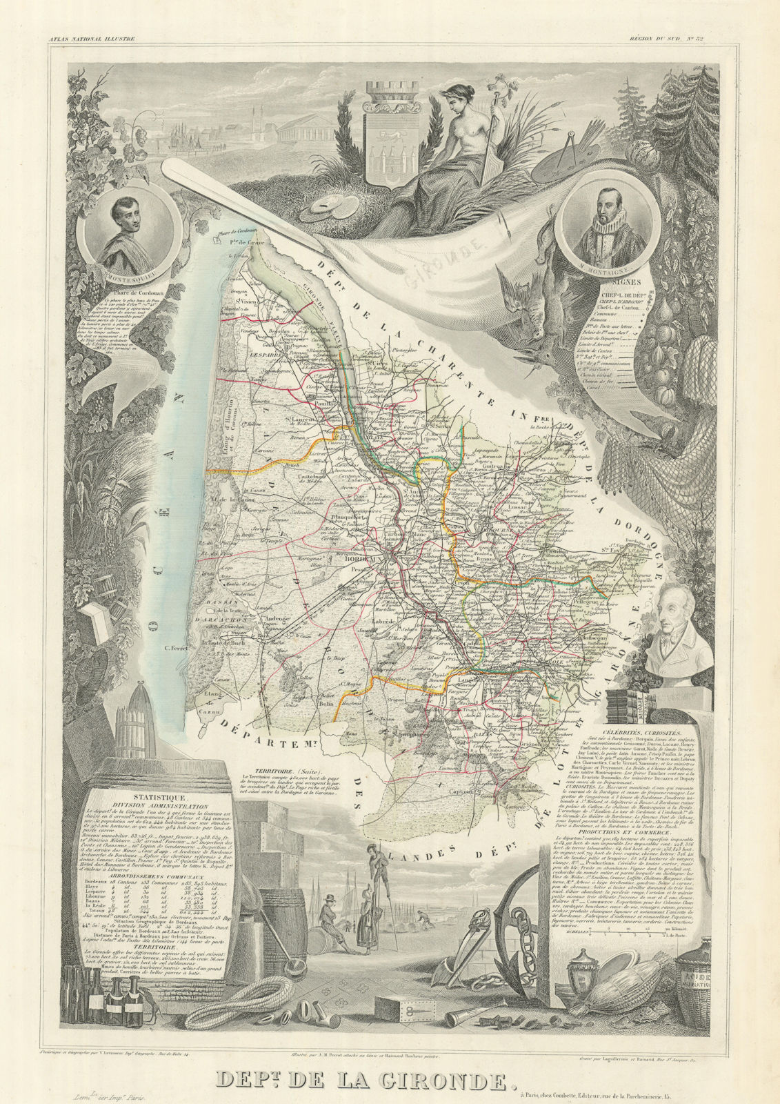 Département de la GIRONDE. Decorative antique map/carte. Victor LEVASSEUR 1856