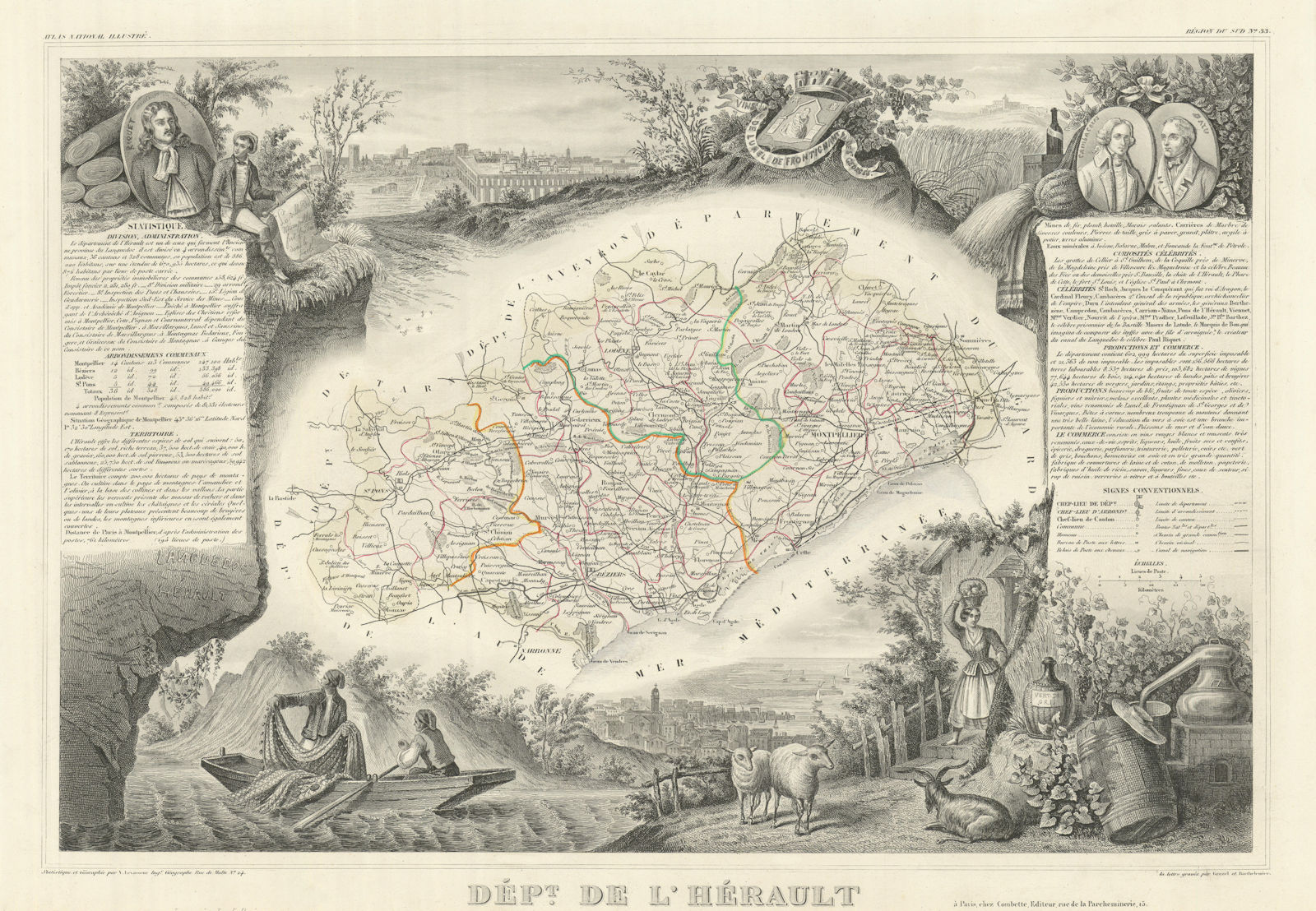 Département de l'HÉRAULT. Decorative antique map/carte by Victor LEVASSEUR 1856