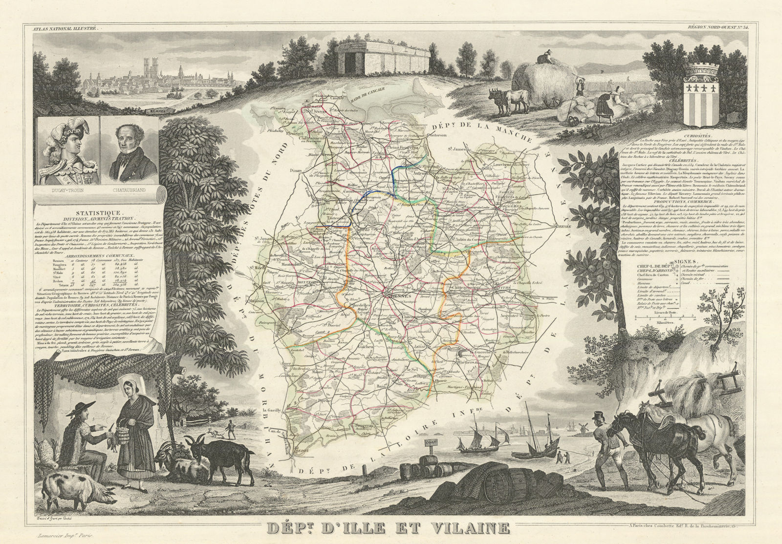 Département d'ILLE-ET-VILAINE. Decorative antique map/carte. LEVASSEUR 1856