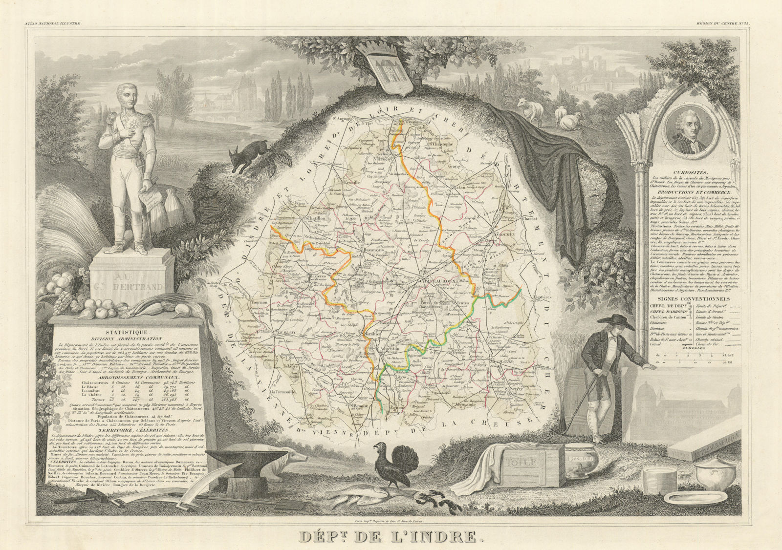 Département de l'INDRE. Decorative antique map/carte by Victor LEVASSEUR 1856