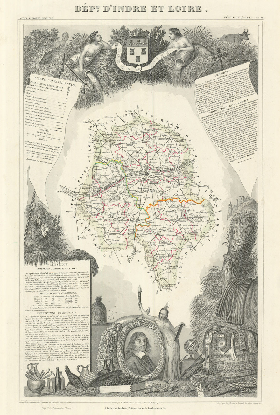 Associate Product Département d'INDRE-ET-LOIRE. Decorative antique map/carte. LEVASSEUR 1856