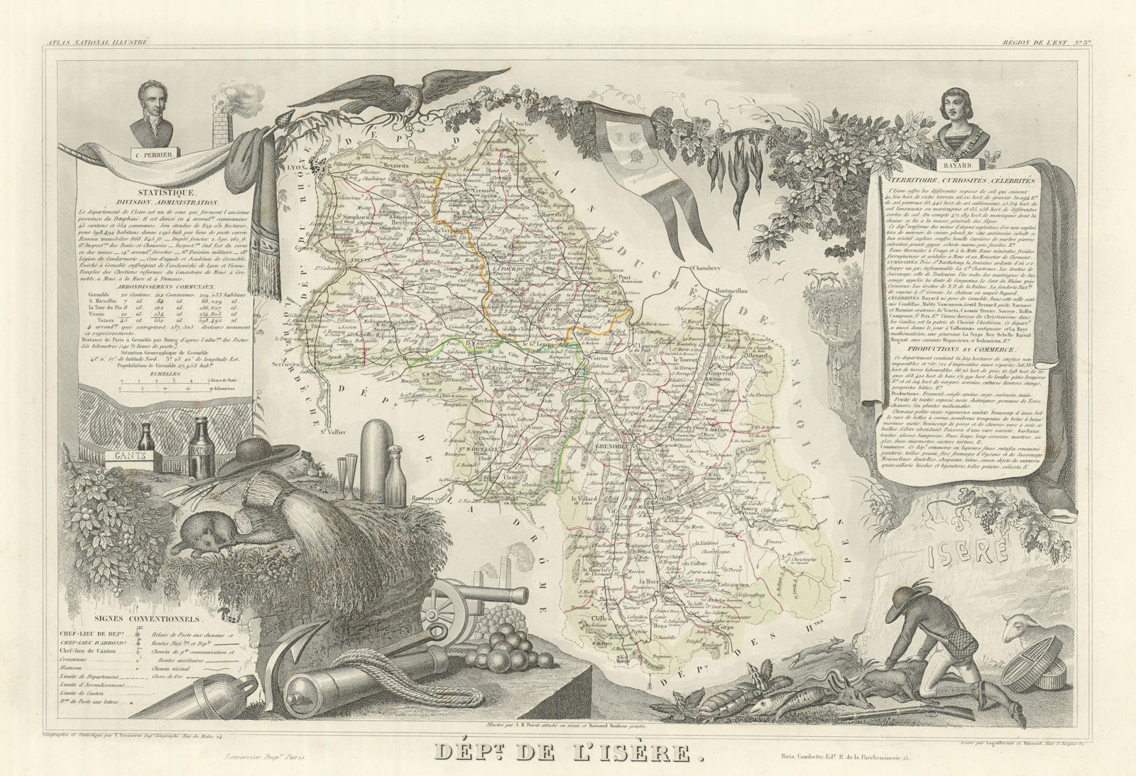 Associate Product Département de l'ISÈRE. Decorative antique map/carte by Victor LEVASSEUR 1856