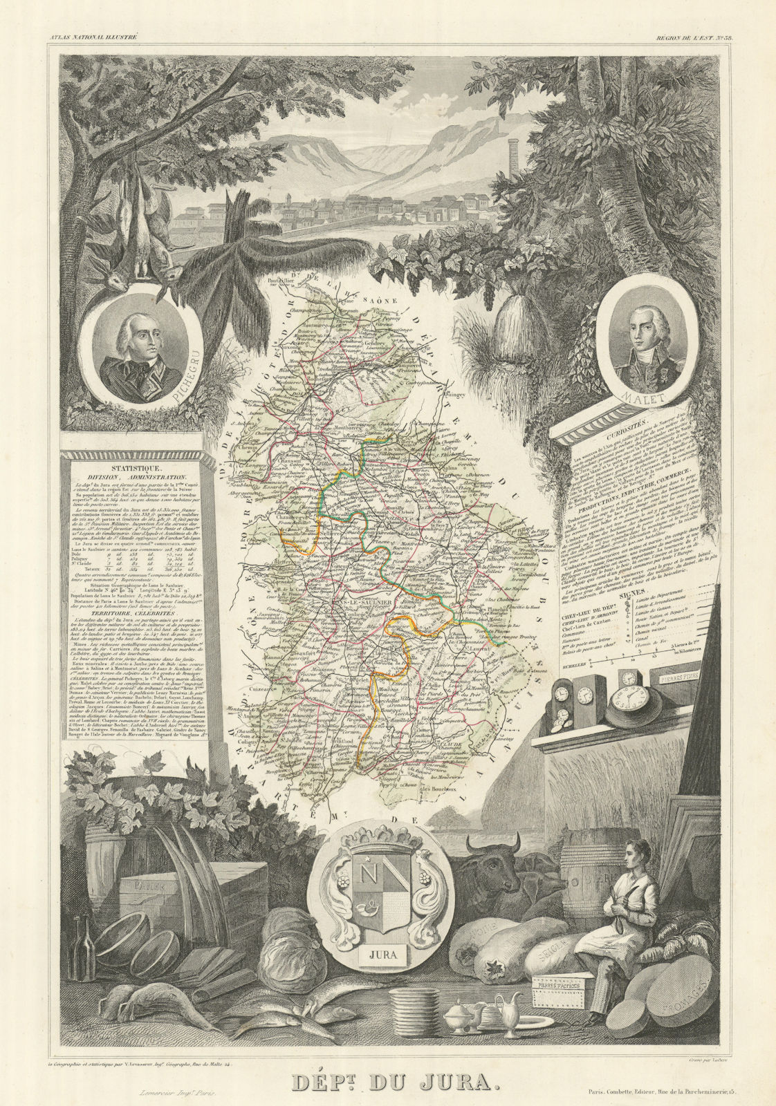 Département du JURA. Decorative antique map/carte by Victor LEVASSEUR 1856