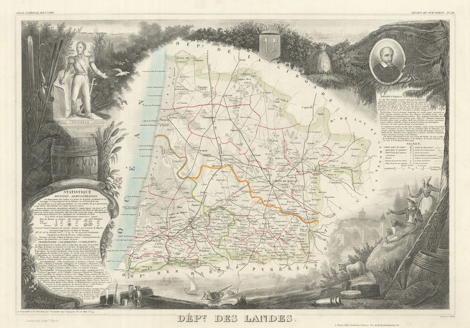 Département des LANDES. Decorative antique map/carte by Victor LEVASSEUR 1856