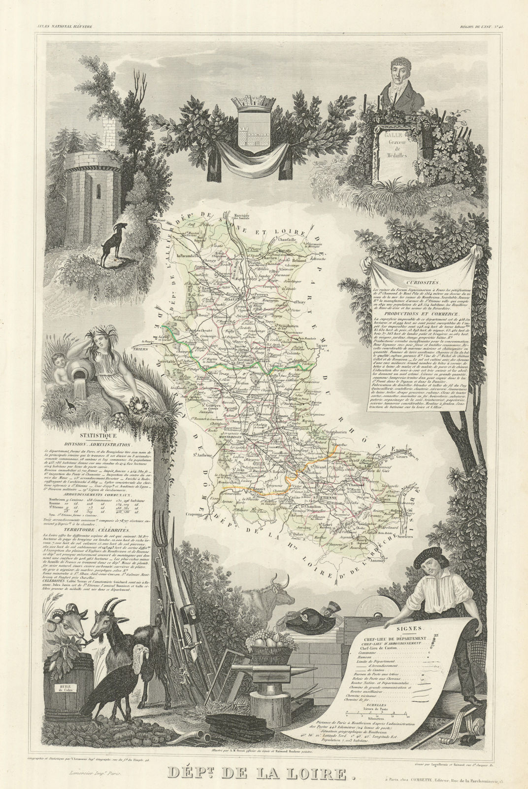 Département de la LOIRE. Decorative antique map/carte by Victor LEVASSEUR 1856