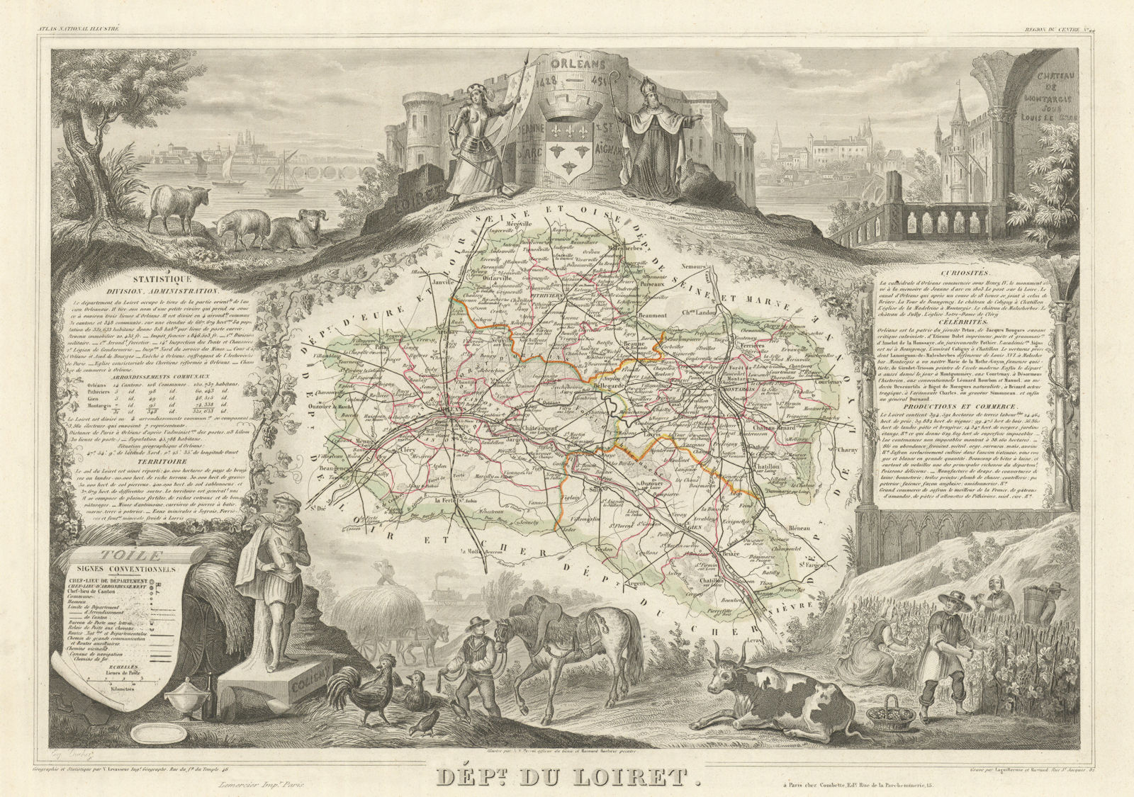 Département du LOIRET. Decorative antique map/carte by Victor LEVASSEUR 1856