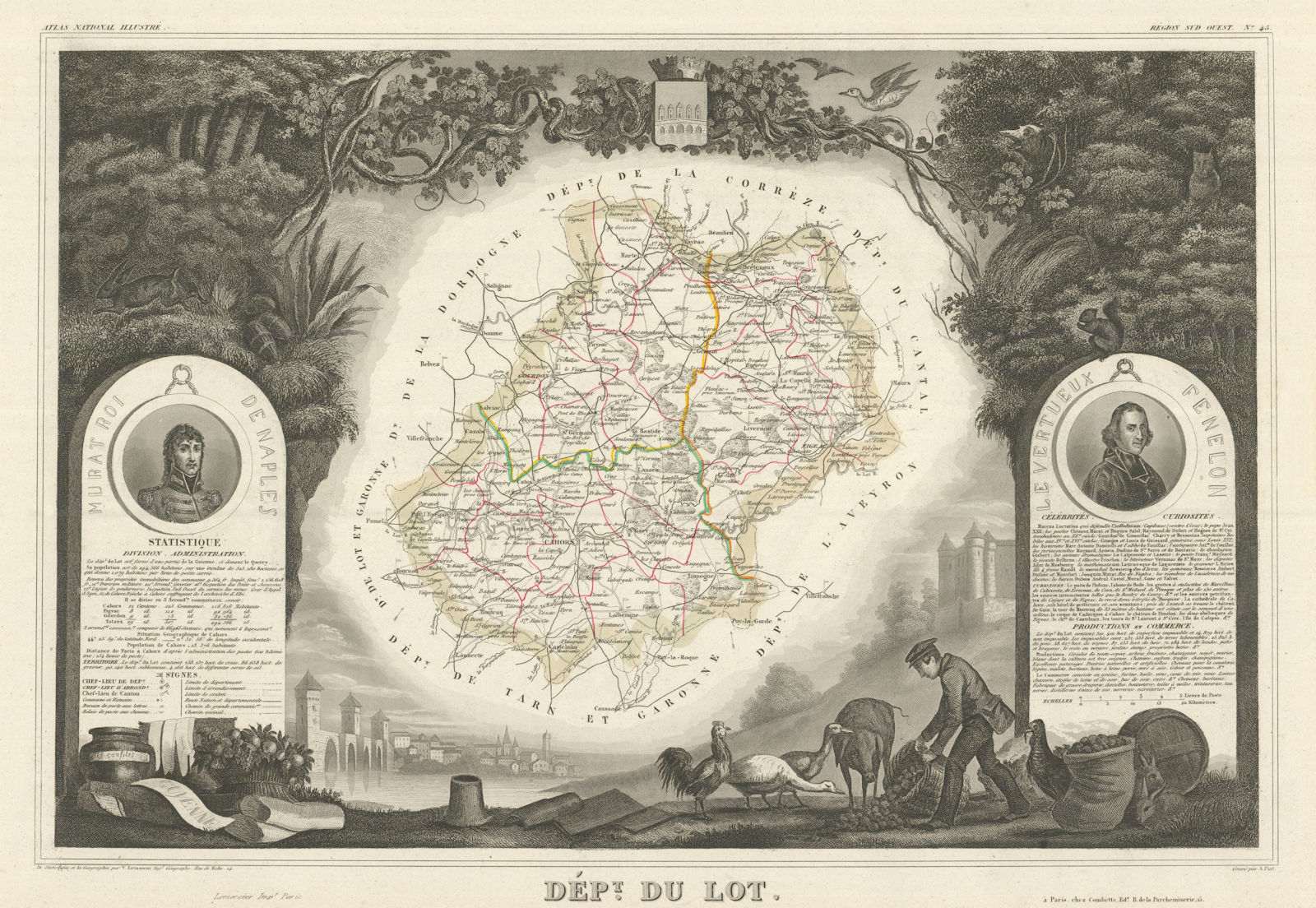 Associate Product Département du LOT. Decorative antique map/carte by Victor LEVASSEUR 1856