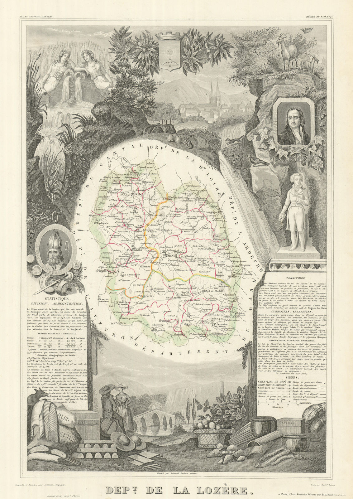 Département de la LOZÈRE. Decorative antique map/carte by Victor LEVASSEUR 1856