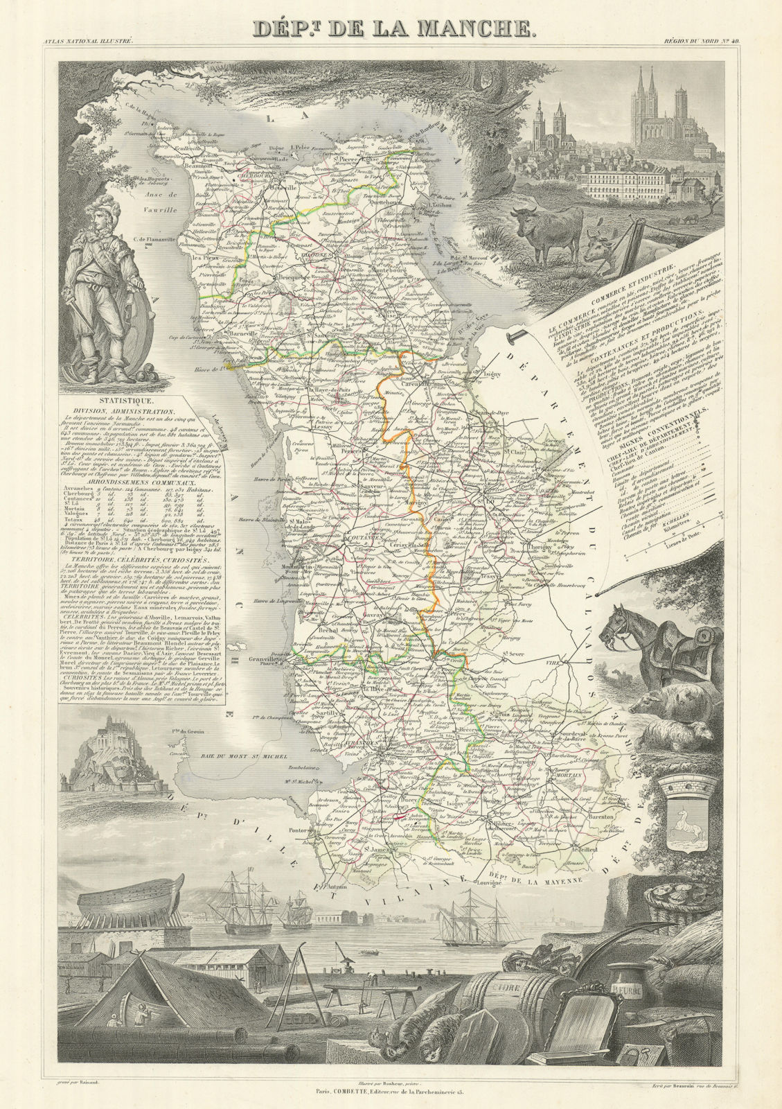 Associate Product Département de la MANCHE. Decorative antique map/carte by Victor LEVASSEUR 1856