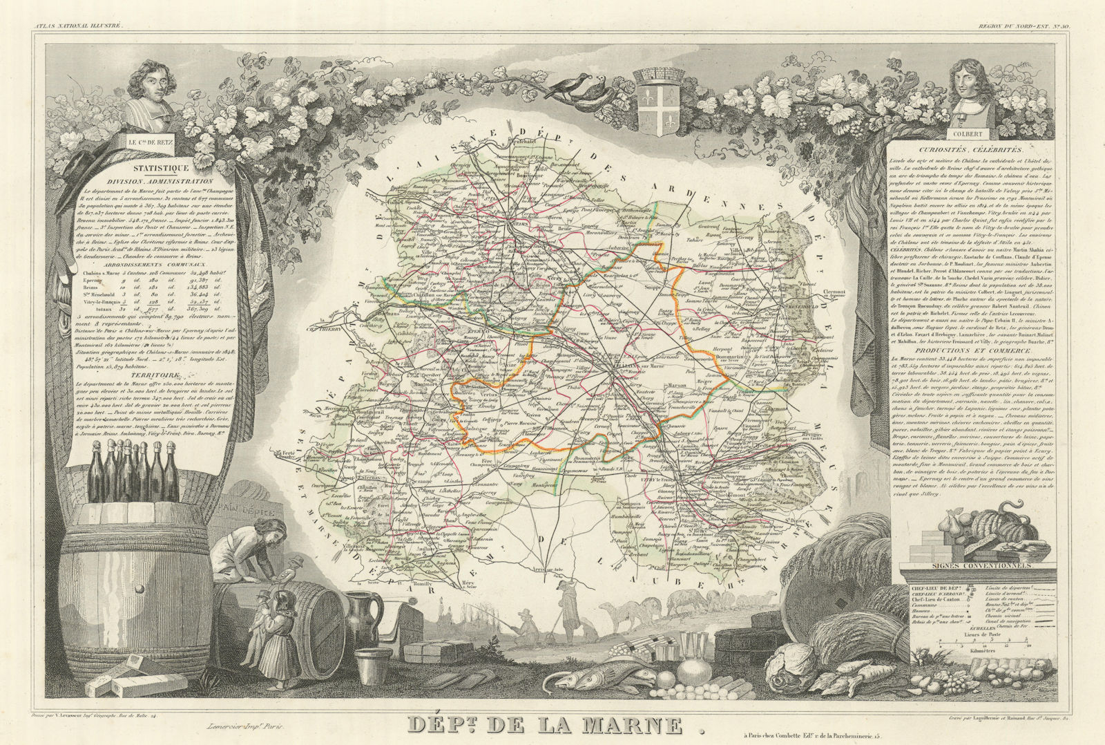Associate Product Département de la MARNE. Decorative antique map/carte by Victor LEVASSEUR 1856