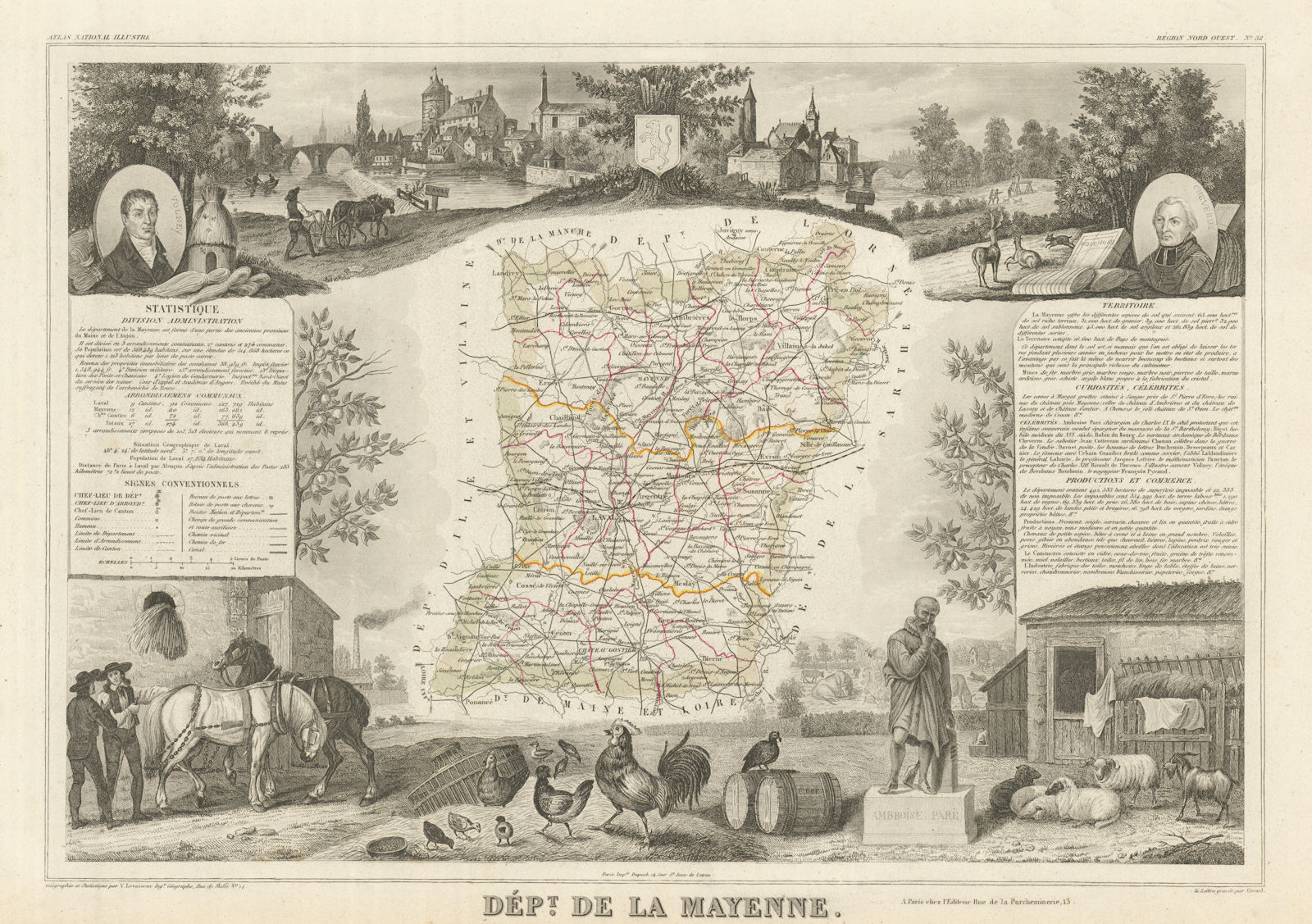 Département de la MAYENNE. Decorative antique map/carte. Victor LEVASSEUR 1856