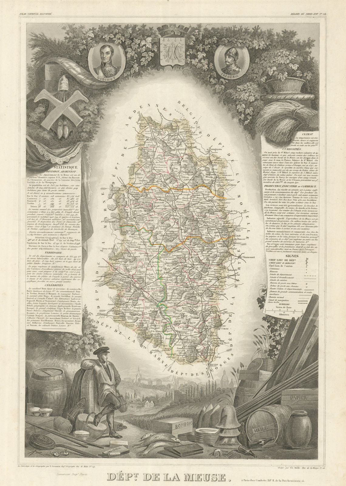 Associate Product Département de la MEUSE. Decorative antique map/carte by Victor LEVASSEUR 1856