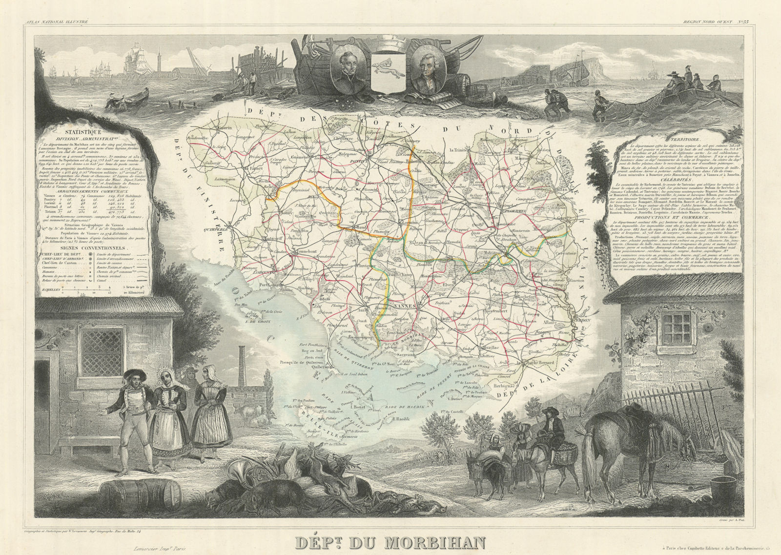 Département du MORBIHAN. Decorative antique map/carte by Victor LEVASSEUR 1856