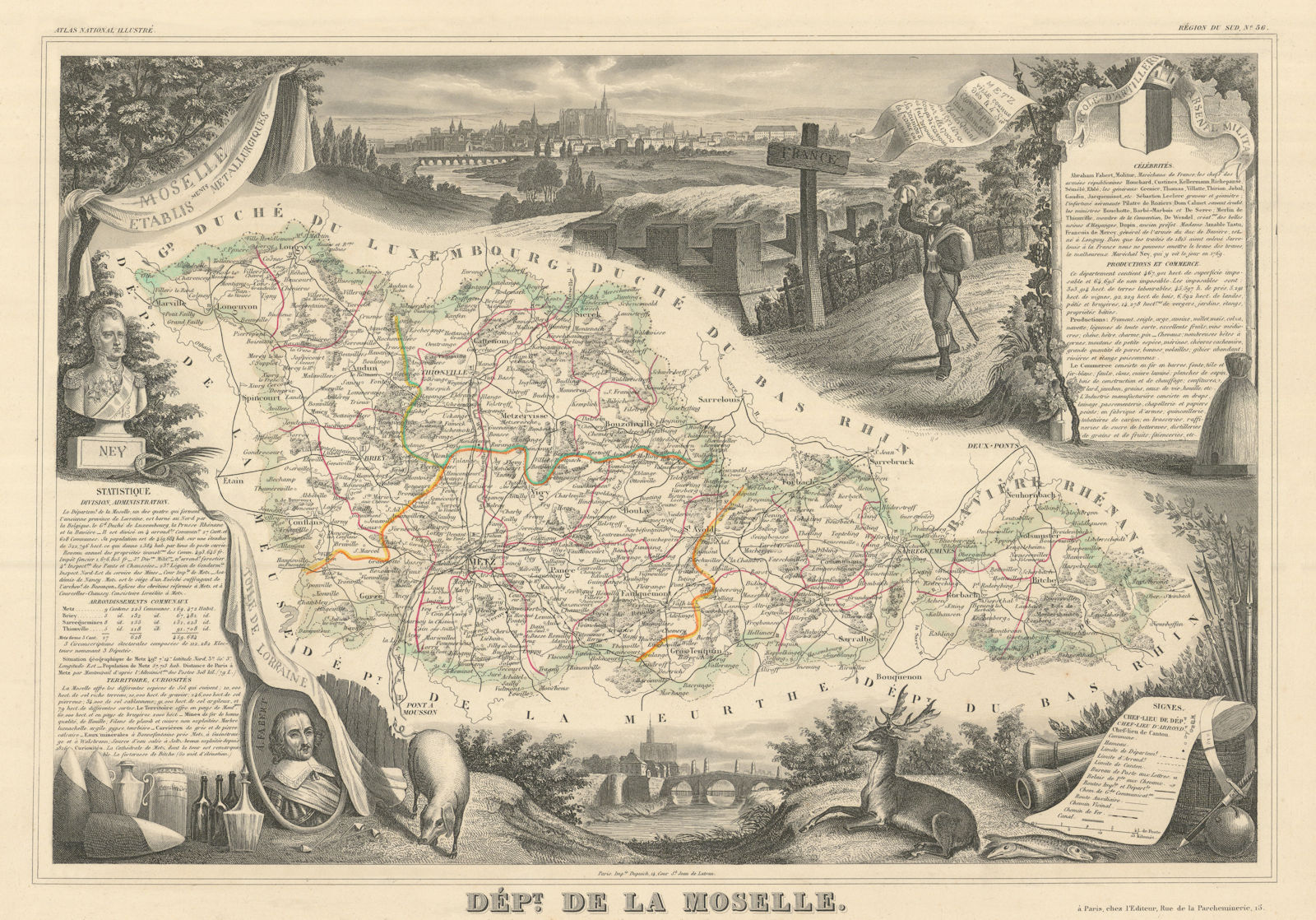 Associate Product Département de la MOSELLE. Decorative antique map/carte. Victor LEVASSEUR 1856
